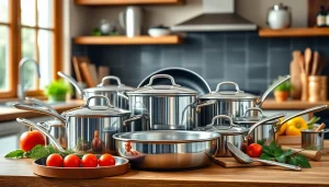 Shop elegant cookware set with various pots and pans on a kitchen countertop.