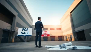 Professionista pronto a vendere un capannone industriale, con planimetrie e cartello "In vendita".