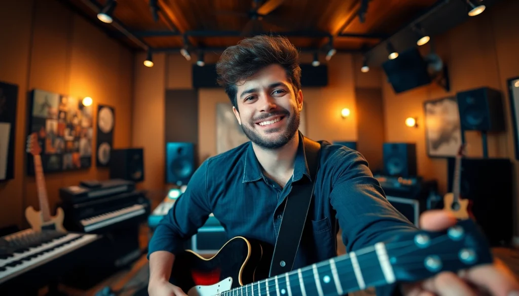 Stefano Santin appassionatamente crea musica in uno studio ben illuminato pieno di strumenti.