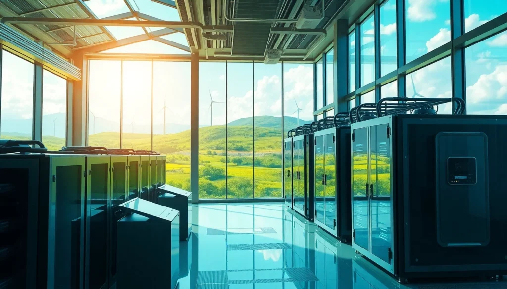 Interactive scene of a sustainable facility demonstrating free cloud mining technology with solar panels and wind turbines.