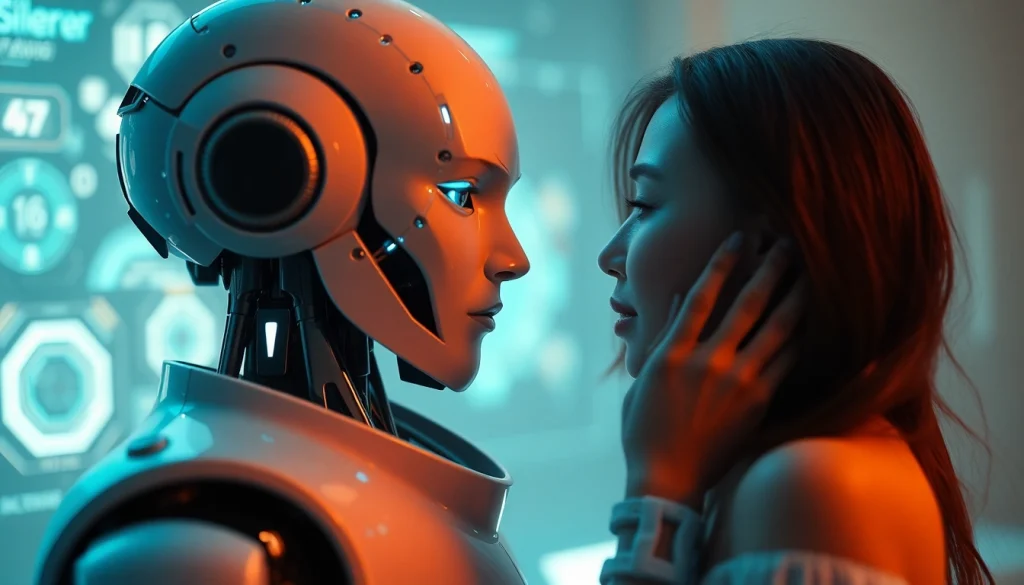 AI sex relationship depicted with a humanoid robot and human in a serene, futuristic setting.