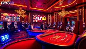 Experience the thrill of FLY88 with vibrant casino visuals featuring poker chips and slot machines.