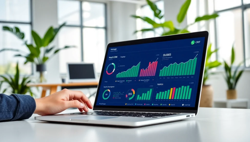 Engage with WhatsApp Smart CRM interface showcasing business growth metrics in a professional office.