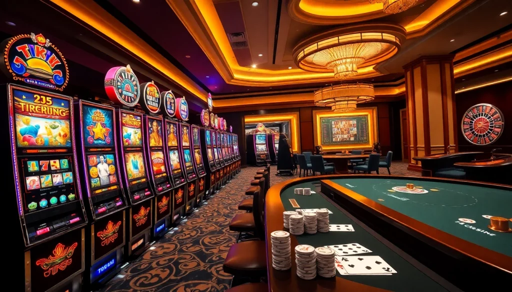 Cảnh chơi game đầy hứng khởi tại tik88 với các máy slot đầy màu sắc và bàn poker.