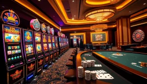 Cảnh chơi game đầy hứng khởi tại tik88 với các máy slot đầy màu sắc và bàn poker.