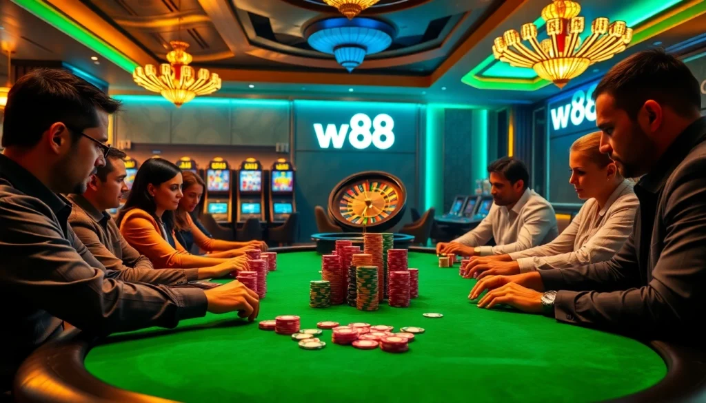 Trò chơi poker của W88 với người chơi tại bàn casino sang trọng trình bày các cược mang tính chiến lược.