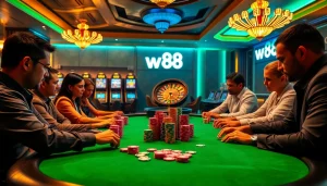 Trò chơi poker của W88 với người chơi tại bàn casino sang trọng trình bày các cược mang tính chiến lược.