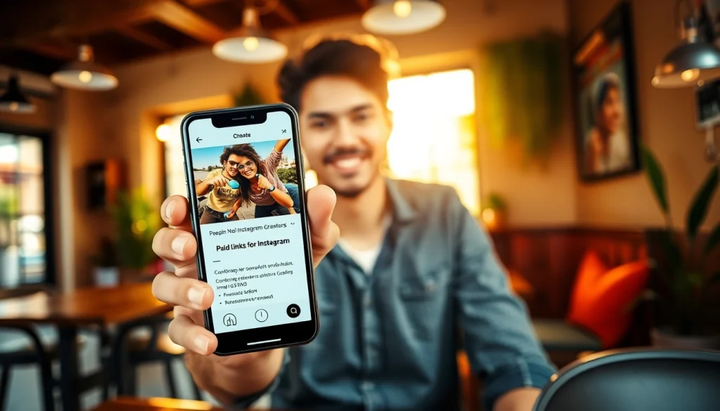 Engaging Instagram creator using paid links for Instagram creators in a cozy coffee shop.