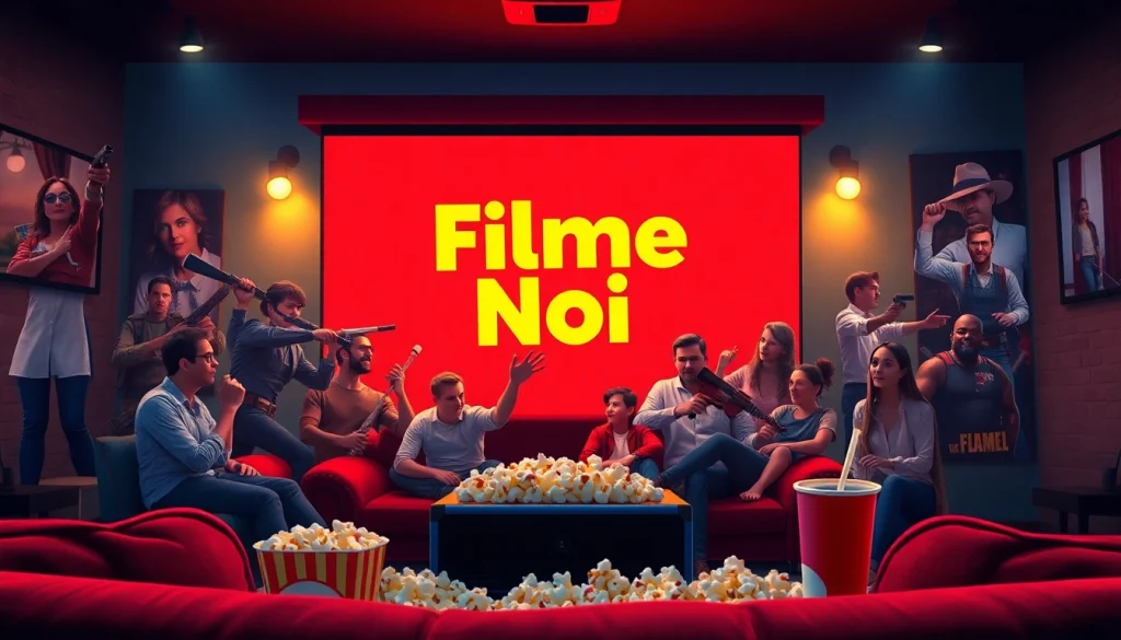 Vibrant scene showcasing diverse genres of filme noi in a cozy home theater atmosphere.