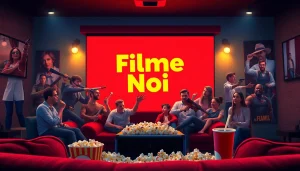 Vibrant scene showcasing diverse genres of filme noi in a cozy home theater atmosphere.