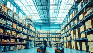 Explore a spacious warehouse filled with organized goods and bright natural lighting.