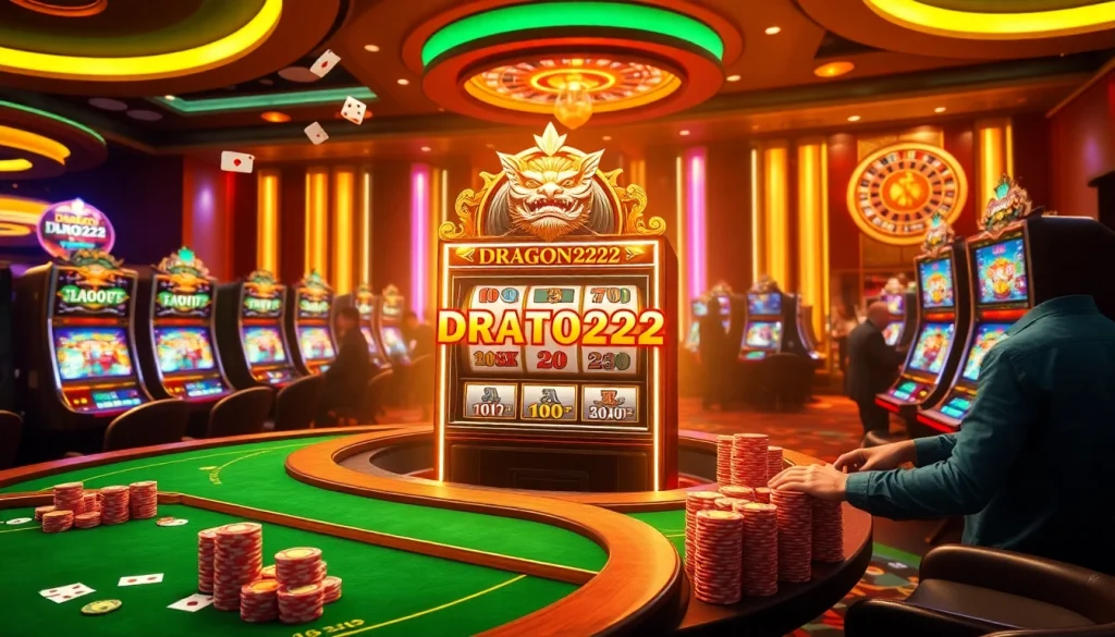Engaging players at the DRAGON222 slot machine in a vibrant casino ambiance.