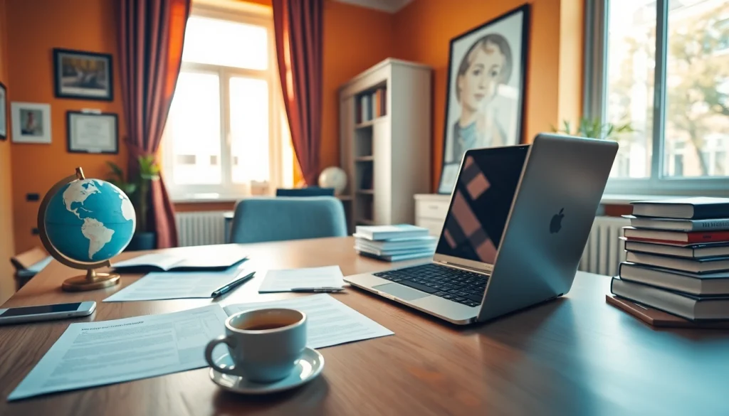 Traducteur assermenté à Strasbourg dans un cadre de bureau professionnel, présentant des documents juridiques et des outils de traduction.