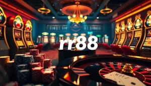 An exciting gaming scene on trang chủ rr88 showcasing poker chips, roulette, and slots in a modern online casino.