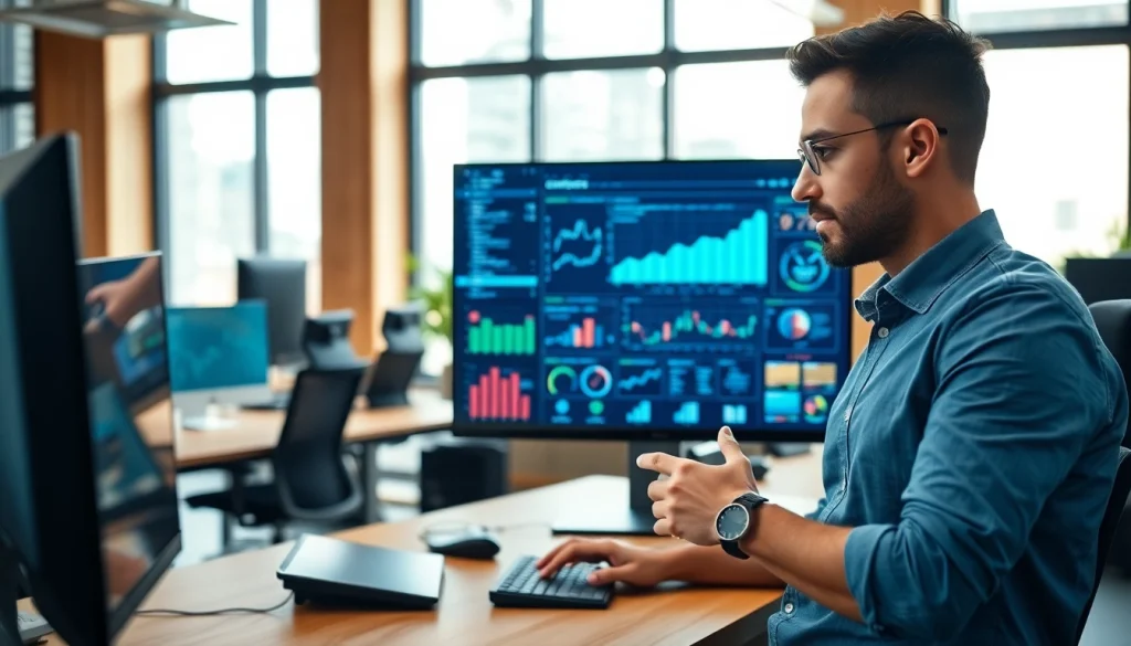 Analyze das 140 metrics within a modern office, featuring a focused engineer and digital dashboard.