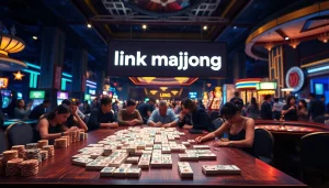 Players engage in a thrilling game of link mahjong amidst a lively casino atmosphere, capturing the essence of high-stakes gambling.