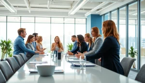 Engaged professionals discussing top websites to find salespeople in a modern office.