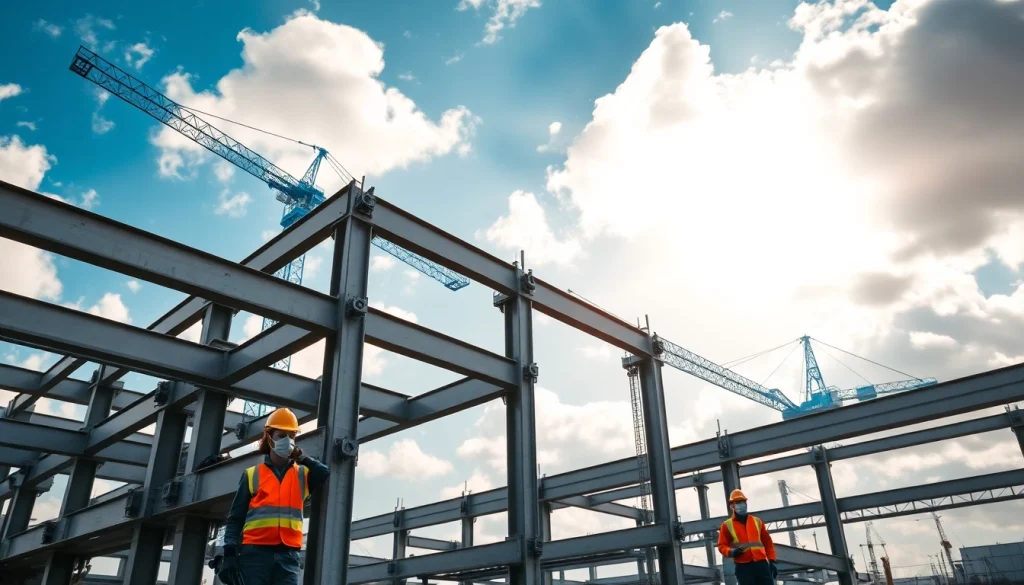 Workers engaged in structural steel construction, showcasing teamwork and precision on-site.