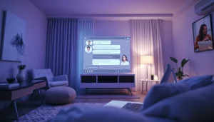 Engaging AI sex chat interface in a cozy modern room.