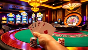 Exciting blackjack scene with winning sc88 poker chips and colorful casino atmosphere.