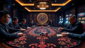 Exciting poker game scene at RR88 with vibrant chips and professional players.