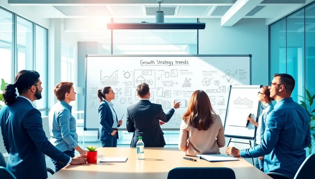 Team collaborating on growth strategy trends in a professional office environment.