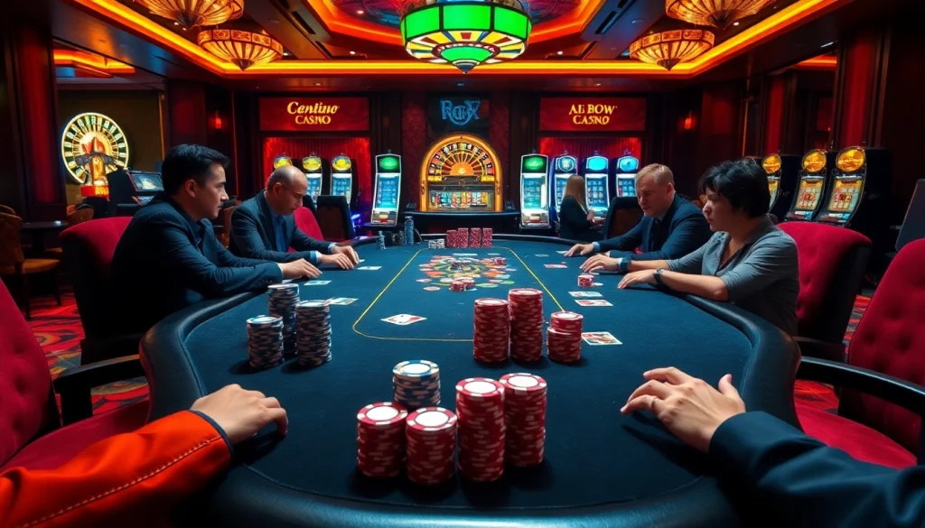 Engaged players at the poker table with colorful chips and cards, representing https://88xx.now/ gaming excitement.