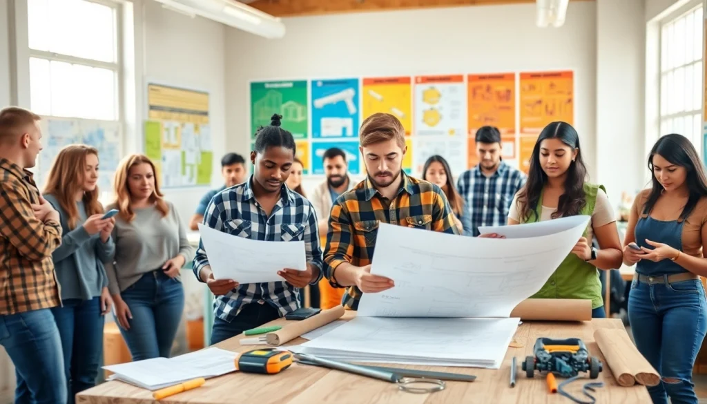 Engaged students in construction education colorado learning hands-on with tools and blueprints.