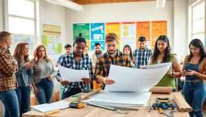 Engaged students in construction education colorado learning hands-on with tools and blueprints.