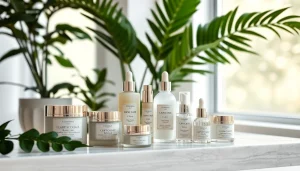 Kosmetika kosmetikos gaminiai elegantiškai išdėstyti ant marmurinių paviršių.