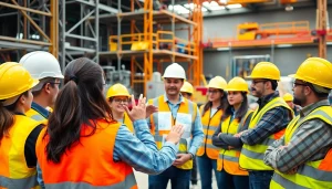 Construction safety training session with diverse workers emphasizing safety protocols on-site.