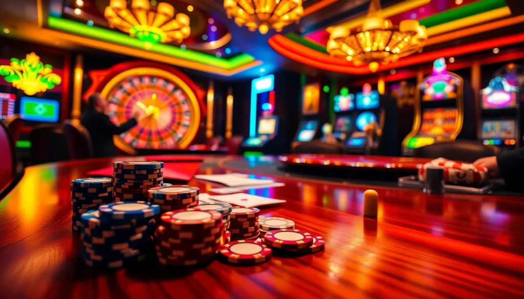 Experience the thrill of gambling with https://rr88c.mobi/ showcasing a luxurious casino environment featuring poker tables and roulette wheels.