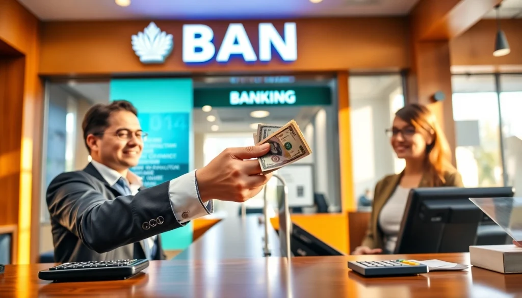 Menyerahkan deposit 1k dalam transaksi tunai di bank dengan suasana profesional.