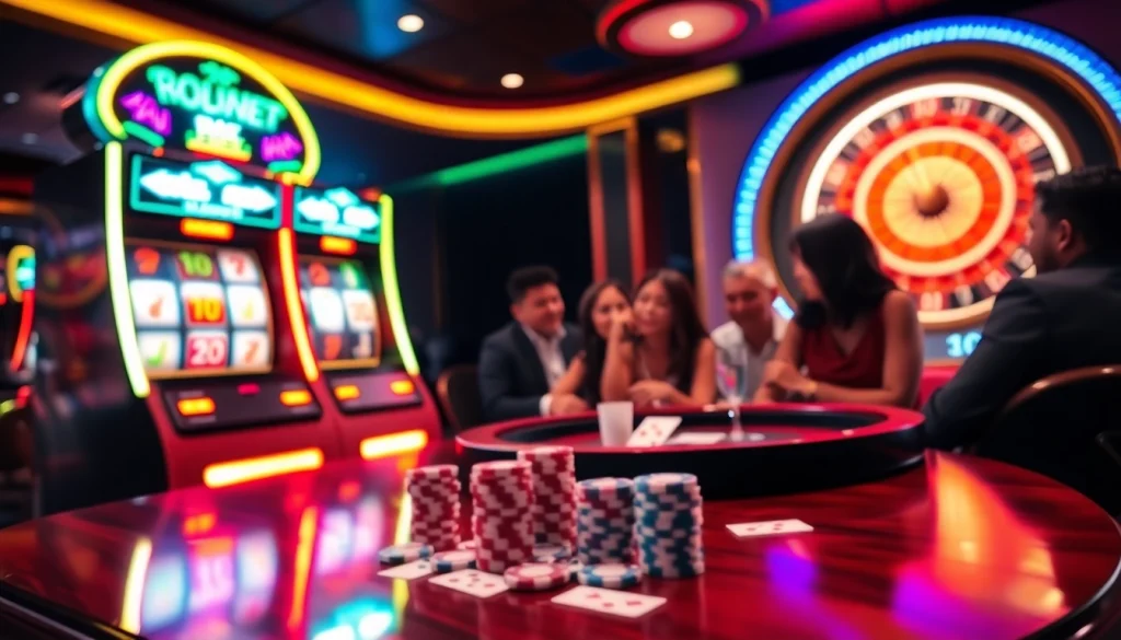 Experience the thrill of situs deposit 5k with vibrant slot machines and engaged players in a luxurious casino.