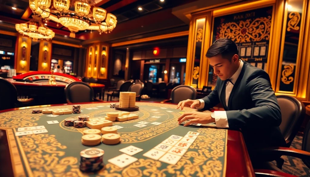 Pemain yang menikmati Link Mahjong dalam suasana kasino mewah dengan warna-warna yang hidup.