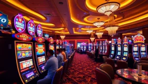 Para pemain menikmati sensasi mesin slot depo pulsa di lingkungan kasino mewah.