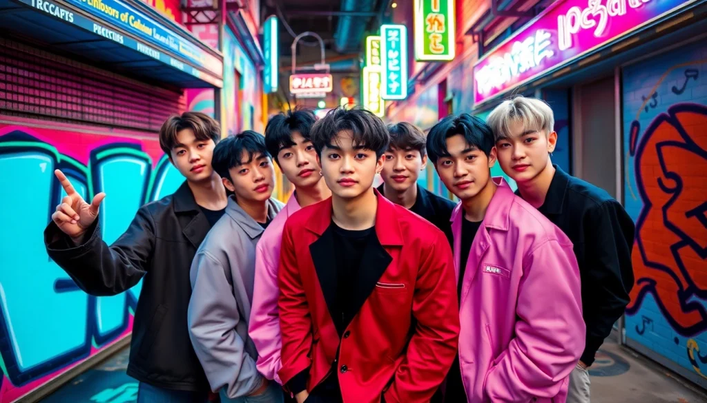 BTS members together in a vibrant urban setting, showcasing their unique styles and expressions.