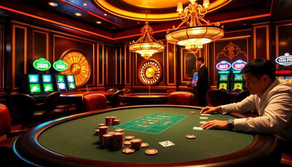 MM88 table with poker players enjoying high-stakes action in a luxurious casino atmosphere.