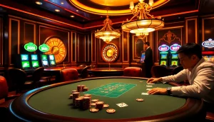 MM88 table with poker players enjoying high-stakes action in a luxurious casino atmosphere.
