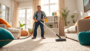 Experience the best carpet cleaning near me with a professional technician in a bright living room.