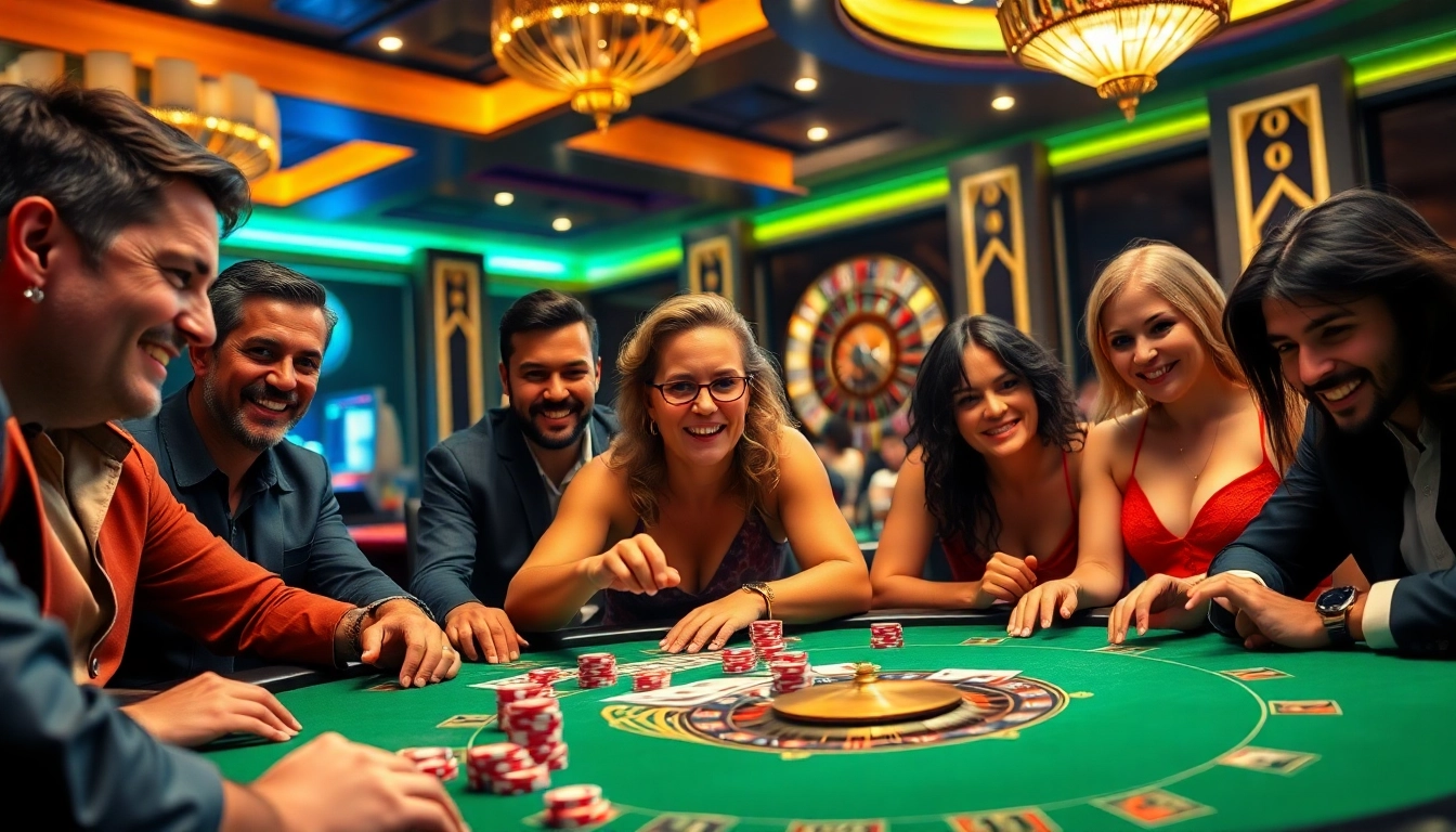 KJCVIP players engaged in a thrilling poker game with colorful chips and a roulette wheel.
