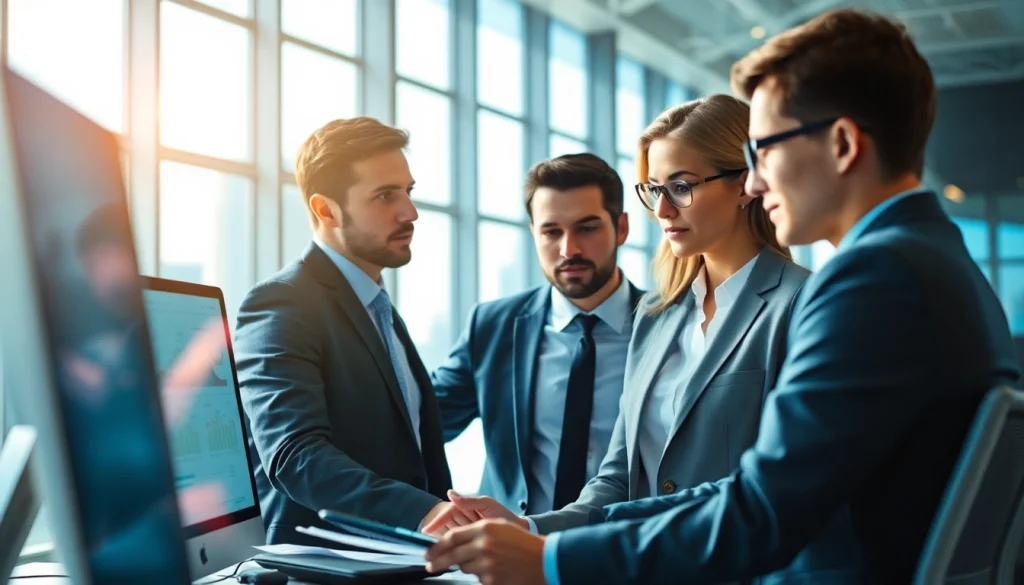 Strategic meeting of a crisis management consultant team analyzing solutions in a modern office.