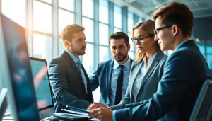 Strategic meeting of a crisis management consultant team analyzing solutions in a modern office.