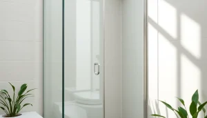 Showcase a glass shower enclosure featuring modern design and clarity in a stylish bathroom.
