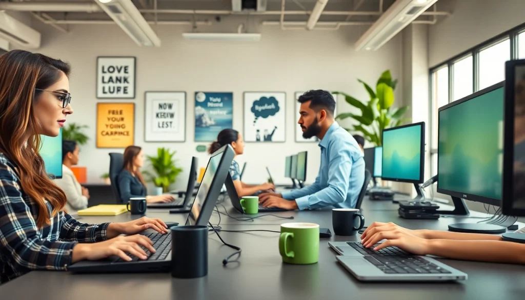 Engaged team working in a typing center, showcasing professionalism and collaboration.