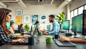 Engaged team working in a typing center, showcasing professionalism and collaboration.