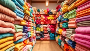 Fleece stof kopen in een gezellige stoffenwinkel met diverse kleuren en texturen.