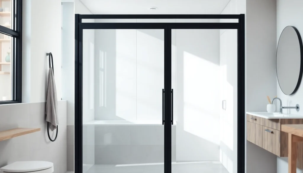 Stylish shower door black frame highlighted in a modern bathroom setup with natural aesthetics.