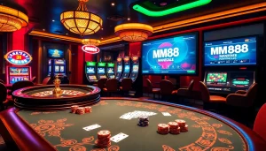 Engage in thrilling gameplay at MM88, featuring luxurious casino tables and digital interfaces.