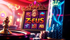 Adegan menampilkan mesin slot Zeus di antara elemen kasino yang berwarna-warni untuk pengalaman bermain yang mendebarkan.